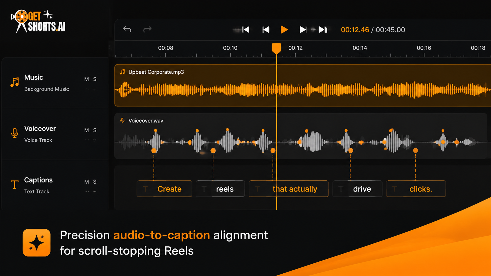 AI Image Prompt: A close-up of a mobile video editing workspace showing audio wave tracks for background music and voiceover, and a text track representing captions. The visual highlights the precise alignment between voice peaks and visual subtitle triggers. Dark modern theme.
