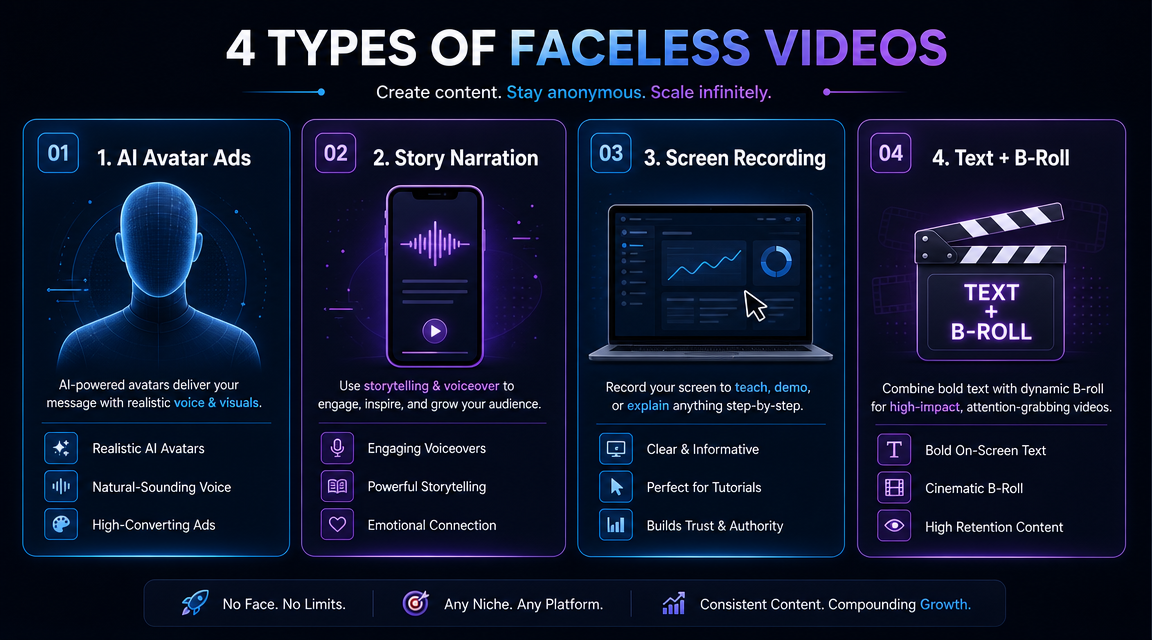 A dashboard-style infographic showing 4 types of faceless video content: '1. AI Avatar Ads' with a digital human icon, '2. Story Narration' with a phone icon, '3. Screen Recording' with a laptop icon, '4. Text + B-Roll' with a clapperboard icon. Clean flat design, dark background with soft gradient panels for each type, neon blue and purple accents.